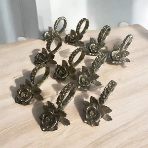 Rose Flower Heavy Napkin Rings Metal Spring Lot of 10 Fancy Pewter Dinnerparty - Picture 1 of 6