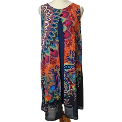 Desigual Dress Womens Size 40 = 14 Navy Blue Knee Length Stretch Overdress Boho - image 1 of 4