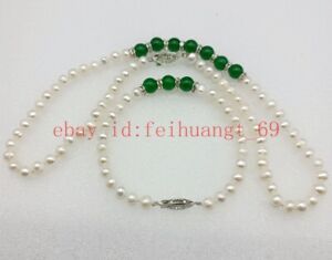 6-7mm White Freshwater Pearl & 8mm Green Emerald Ball Necklace Bracelet 18/7.5"