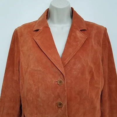 Context Womens Leather Jacket Large Orange V Neck Button Front Lined - Image 1 of 4