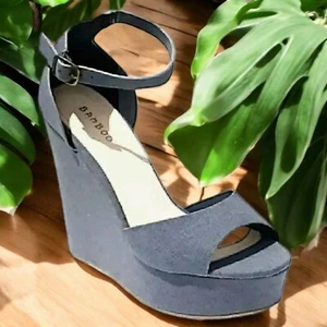 BAMBOO Women's CHARADE Blue Vegan Suede PLATFORM WEDGE SANDALS Size 9 - Picture 1 of 13