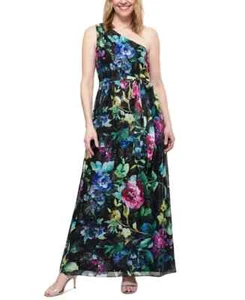 SL Fashions Petite Chiffon One-Shoulder Maxi Dress, Black Multi, Size 4P - Picture 1 of 2