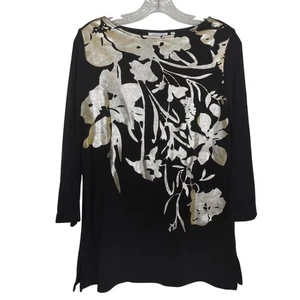 Chico's Black Gold Womens Tunic sz 0 S Metallic Abstract Floral  3/4" sleeve - Picture 1 of 14