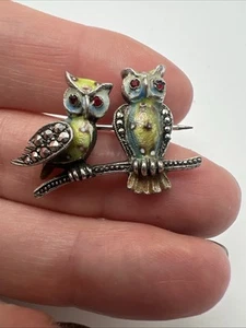 Vintage Alice Caviness Style Sterling Silver Enamel Double Owl Pin Brooch - Picture 1 of 6