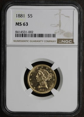 1881 (MS63) Liberty Head Gold Half Eagle $5 NGC - Prooflike Surfaces - Image 1 of 4