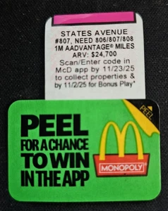 McDonald's Monopoly 2025 pezzo gioco non riscattato #807 Stati Ave - Foto 1 di 1