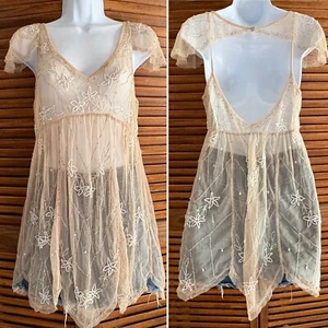 Free People Wome's Nude Mesh Lace Rhinestone Minidress or Tunic Size S - Picture 1 of 13
