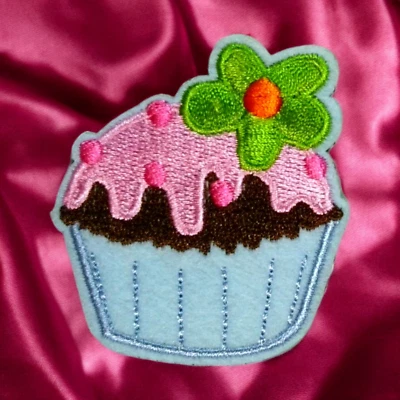 Iron On Patch Pink Frosted Chocolate Cupcake Cartoon Clothing Decal Embroidery - Image 1 of 2