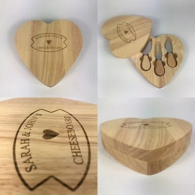 PERSONALISED Engraved Heart Wooden Cheese board 3 Piece Serving Set Wedding Gift - Image 1 of 4