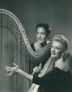 Beautiful women harpists w harp antique art music photo