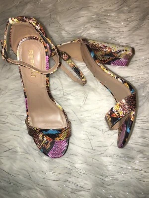 REPORT Multicolored Snake Print Ankle Strap Chunky Block Heels Sandals SZ 8.5  - Image 1 of 4