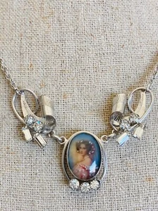 Vintage sterling silver rhinestone floral girl necklace 15.25" - Picture 1 of 8