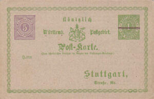 WÜRTHEMBERG um 1870, POSTKARTE mit 1 Kreuzer + 5 Pfennig Ganzsache ** ungebr ...