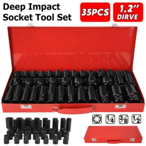 35X 1/2" Drive Impact Socket Set 8-32mm Metric & SAE Deep Sockets Ratchet Wrench - Picture 1 of 12
