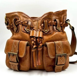 ANNA SUI Leather Shoulder Bag Camel Brown Braided Stitch Pockets Vintage Used - Picture 1 of 15