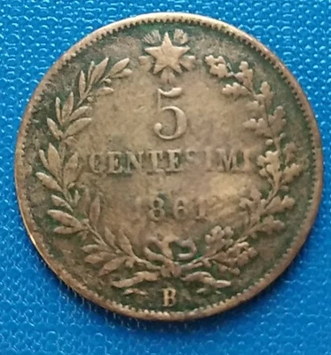 MONETA REGNO V.E.II 5 CENT. 1861-BOLOGNA,R2,RARA,CU 5 GR,BASSA  CONSERVAZIONE  - Immagine 1 di 4