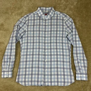 Camisa de vestir Isaia Napoli para hombre 17 43 a cuadros guinga blanca azul extendida - Imagen 1 de 19