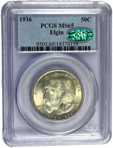 1936 PCGS MS65 Elgin Classic Silver Commemorative Half with Green CAC Label - Picture 1 of 2