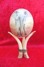 Very Beautiful Decorative Object, Ostrich Egg Varnished, Elephants, with Base,