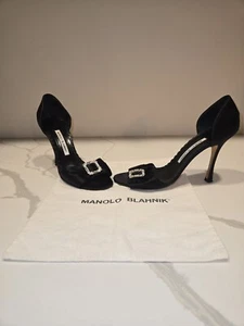 Manolo Blahnik Peep Toe Crystal Buckle Black Satin Heel Shoe Womens Size 39 - Imagen 1 de 9