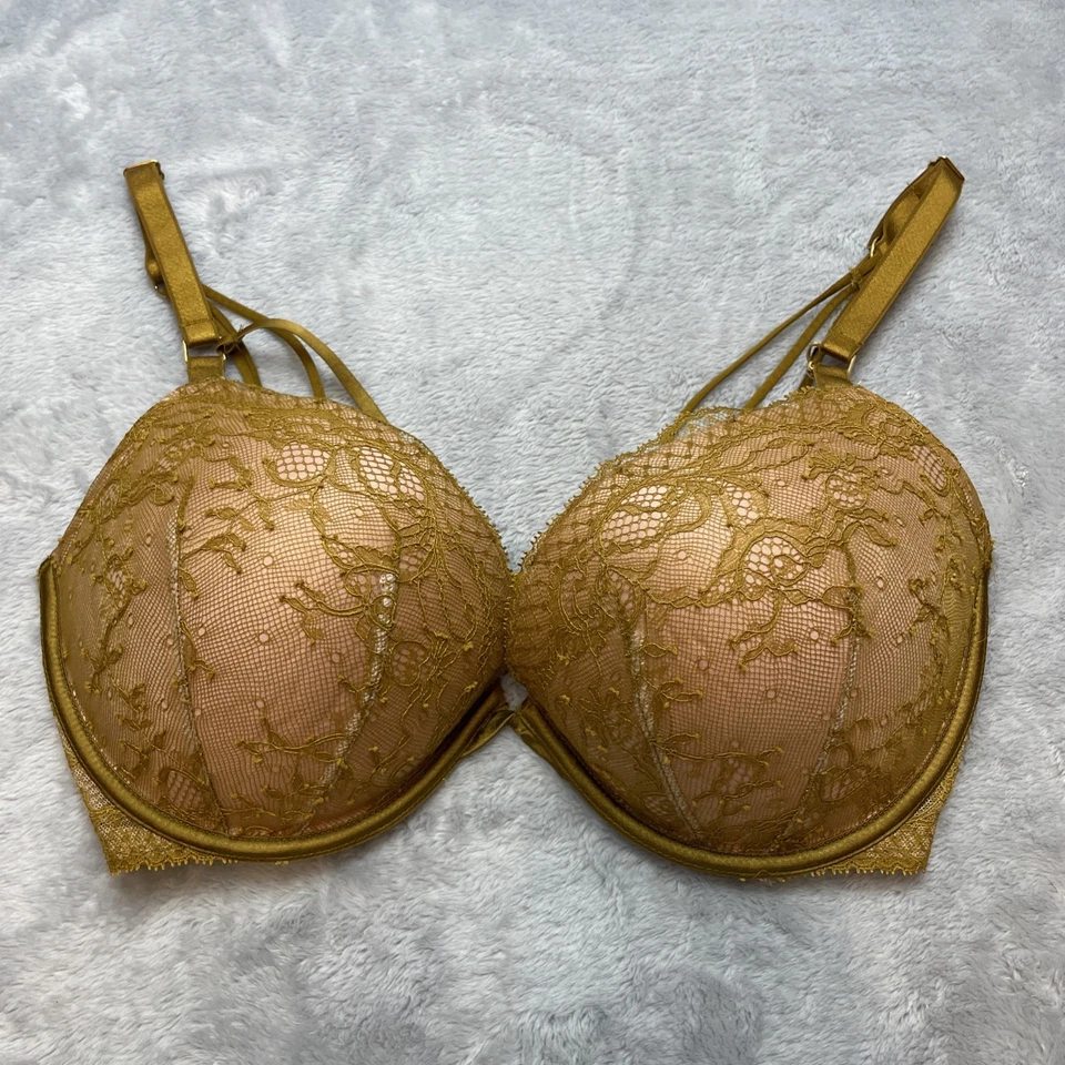 Sutiã feminino Victorias Secret muito sexy push up 34DDD renda dourada floral adiciona 1 xícara - Imagem 1 de 4