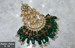 Gold Plated Jhoomar Pakistani Kundan Bridal Jewelry Head Passa Hair Green Pearl