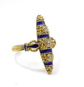 Lovely Victorian 18k Gold Engraved Diamond Blue Enamel Navette Ring