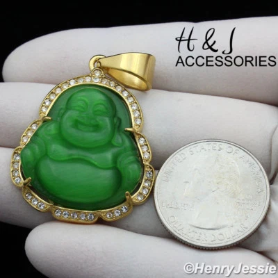 Colgante con dije de Buda chapado en oro jade cepillado de acero inoxidable para HOMBRE*AGP117 Foto 1 de 3