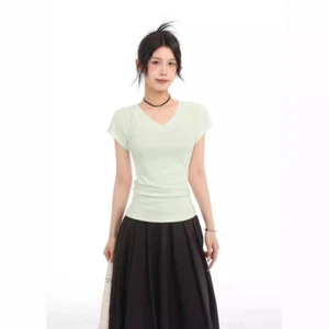 Green V-neck shoulder short sleeved T-shirt, women's new solid color top - Picture 1 of 16