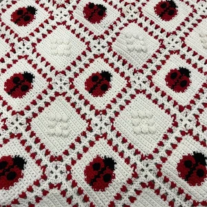 Crochet Ladybugs and Diamonds Afghan Square Motif Throw Blanket Red And White - Picture 1 of 4