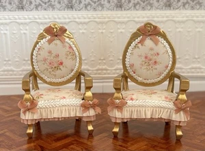 1/12 Scale Lovely Gold Armchairs With Trims And Bows. - Picture 1 of 5