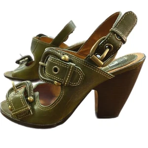 Frye 8 Medium Amy Sling Back All Leather Sandal Olive Green Sassy Tall Heel - Picture 1 of 12