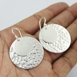 925 Sterling Silver Large Hammered Round Dangle Drop Earrings Handmade Z90 - Picture 1 of 8