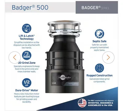 Eliminador de basura de alimentación continua InSinkErator Badger 500 1/2 HP Foto 1 de 4