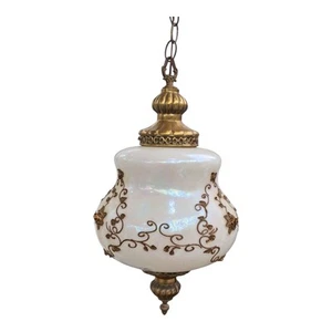 Vtg Glass FALKENSTEIN Hanging Light Swag Lamp Diffuser MCM Hollywood Regency - Picture 1 of 11