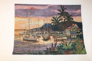 Vintage Tapestry Tropical Palms Sailboat 34" x 25" Wall Hanging Tapestry NEW - Bild 1 von 10