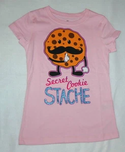 Girls Short Cap Sleeve T Shirt M 7-8 SECRET COOKIE STACHE Pink Glitter - Picture 1 of 1