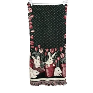 Easter Bunny Garden Tapestry Throw Blanket Tulips and Fringe Trim Sz 72Lx48W - Picture 1 of 6