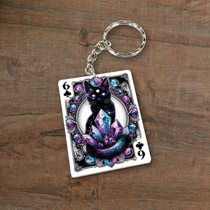 Gothic Cat Crystal Cosmic Playing Card Keyring / Keychain Cool Space Gift Idea - Picture 1 of 3