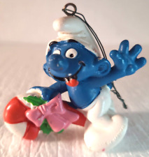 Rare Vtg Christmas Ornament Smurf Riding Candy Cane Sleigh 1981 Peyo Schleich