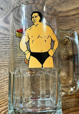 1985 WWF Andre the Giant Large Heavy Beer Mug Glass Vtg Titan Sports 8" Cover