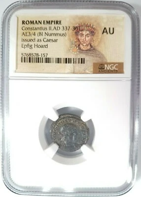 Констанций II Римская империя BI Nummus AE3/4 NGC AU Древний Epfig Клад Родословная - Изображение 1 из 4