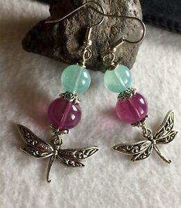 Dragonfly Dangle Earrings With Jade Style Beads And Tibetan Silver Spacer