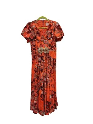 Vintage Floral Orange Gown W/ Beautiful Jeweled Sash Handmade Small To Medium - Image 1 of 4