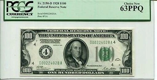 FR 2150-D 1928 $100 Federal Reserve Note 63 PPQ Choice New - Image 1 of 1