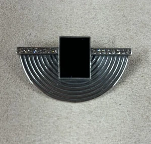 Antique Art Deco Sterling Silver Black Onyx/ Crystal Brooch  - Picture 1 of 5
