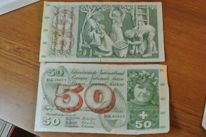 TWO Swiss Bank Note Banknotes Bill 50 Francs 1974 - Picture 1 of 7