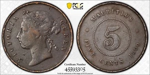 1890 Mauritius 5C PCGS Genuine XF Details 196419.98/45593305 - Picture 1 of 3