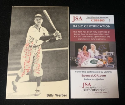 Billy Werber Autographed 3X5 Post Card Yankees Red Sox Reds A's JSA Auto - Image 1 of 4