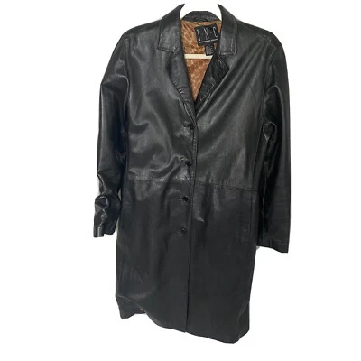 INC Vintage Black Leather Trench Coat Colar Lapel Button Closure size M - Image 1 of 3